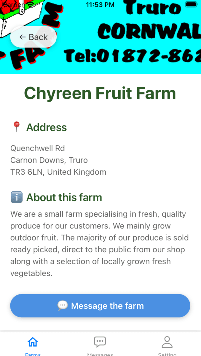 Farm profile with Message the farm button